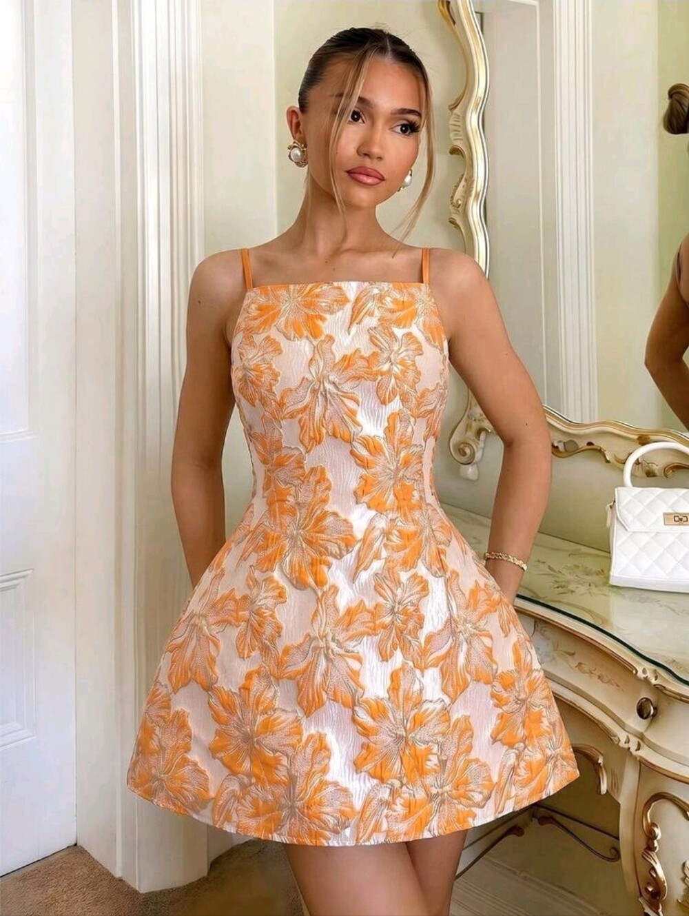 Glamine 3D Floral Metallic Hollow Back Spaghetti Strap Mini Dress